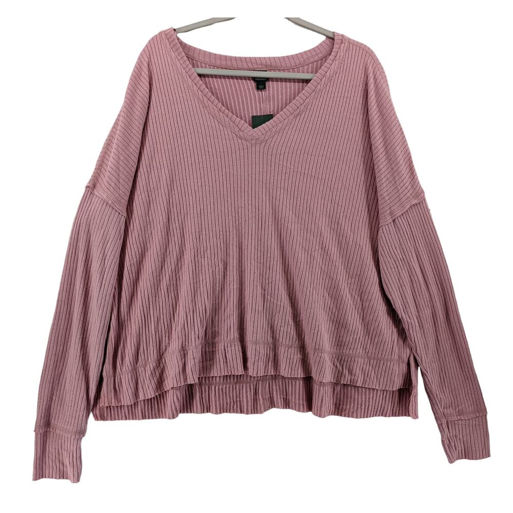 Wild Fable Oversize Sweater L Pink Ribbed Knit Hi Low Boxy Side Slit V Neck Top